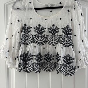 American Eagle Outfitters White and Black Bell Sleeve Blouse